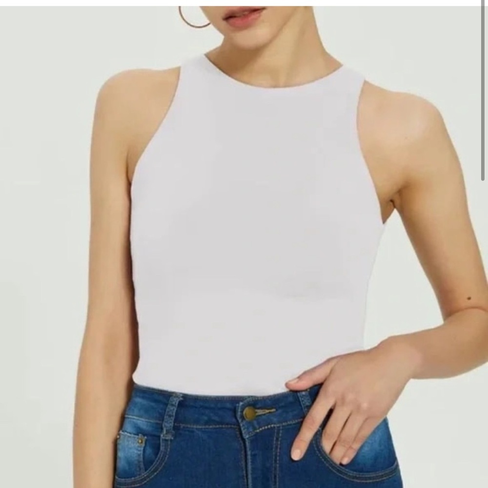Reoria white high neck sleeveless bodysuit tank top - Picture 2 of 12